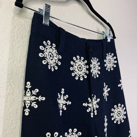 ZARA Pants Small‎ Linen Blend Culotte Embroidered Wide Leg Cropped Boho Trousers - Picture 8 of 15